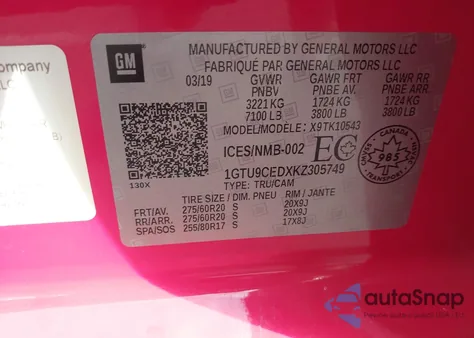 2019 GMC Sierra 1500 Elevation from USA, damaged, VIN 1GTU9CEDXKZ305749